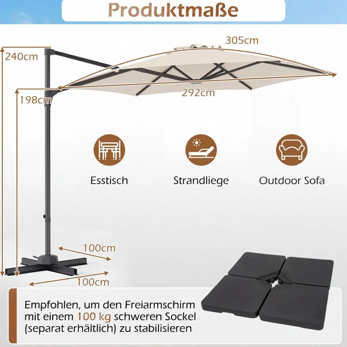 3m Sonnenschirm Ampelschirm mit 360°-Drehung Belüftungsöffnung Kreuzfuß Kurbel Beige/Grau