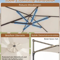 3m Sonnenschirm Ampelschirm mit 360°-Drehung Belüftungsöffnung Kreuzfuß Kurbel Beige/Grau