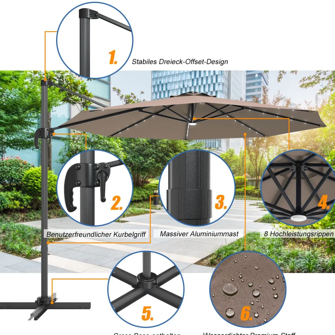 Ø300 m Terrassenschirm mit Solarleuchten Outdoor-Schirm mit 360-Grad-Rotation Ampelschirm LED Sonnenschirm Braun