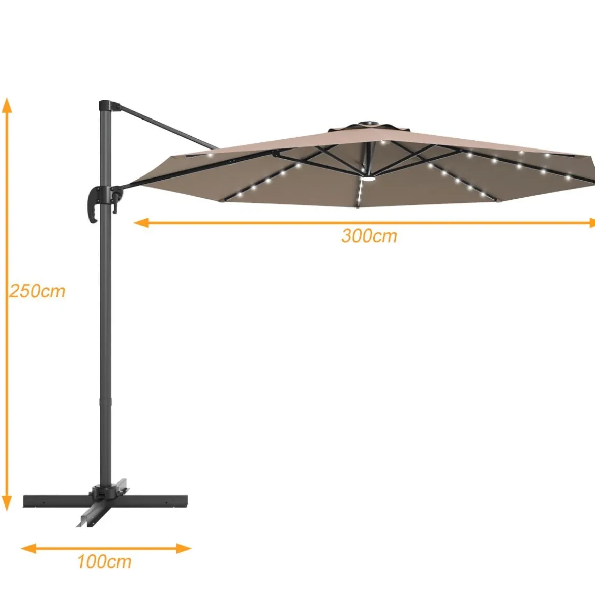 Ø300 m Terrassenschirm mit Solarleuchten Outdoor-Schirm mit 360-Grad-Rotation Ampelschirm LED Sonnenschirm Braun