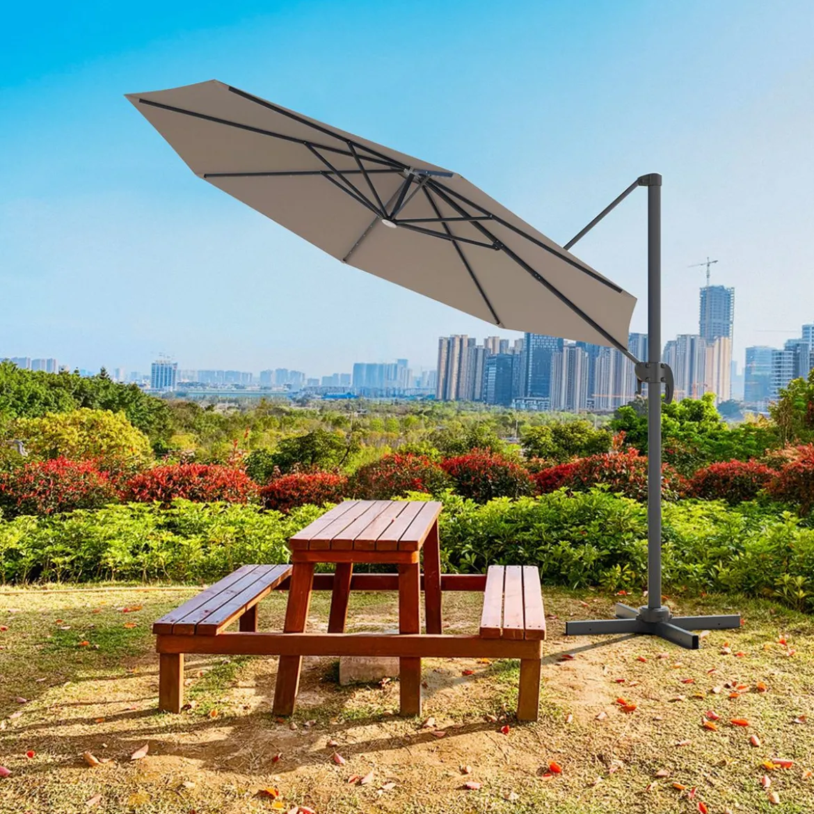 Ø300 m Terrassenschirm mit Solarleuchten Outdoor-Schirm mit 360-Grad-Rotation Ampelschirm LED Sonnenschirm Braun