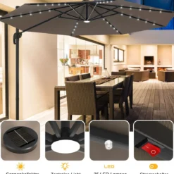 Ø300 m Terrassenschirm mit Solarleuchten Outdoor-Schirm mit 360-Grad-Rotation Ampelschirm LED Sonnenschirm Braun