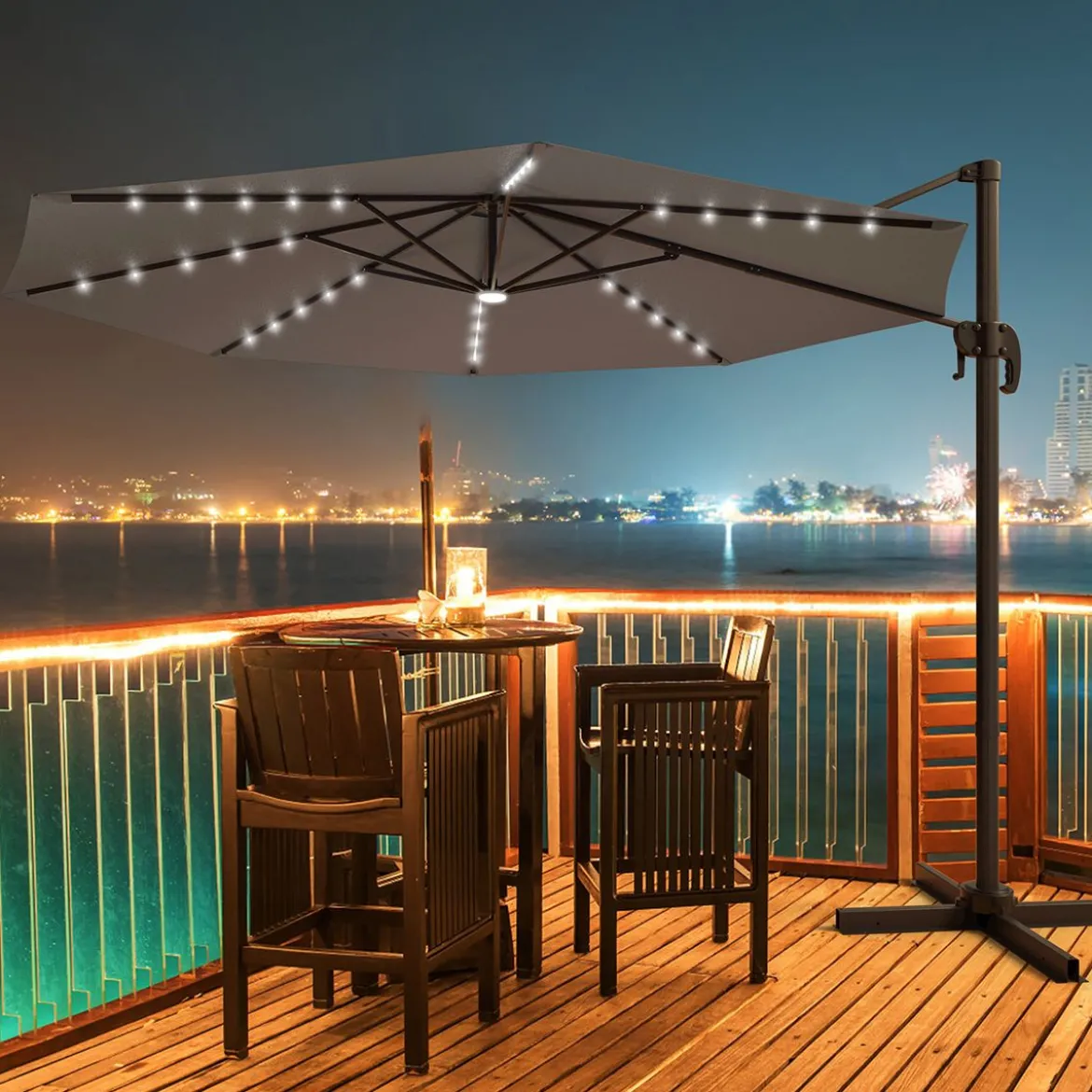 Ø300 m Terrassenschirm mit Solarleuchten Outdoor-Schirm mit 360-Grad-Rotation Ampelschirm LED Sonnenschirm Braun