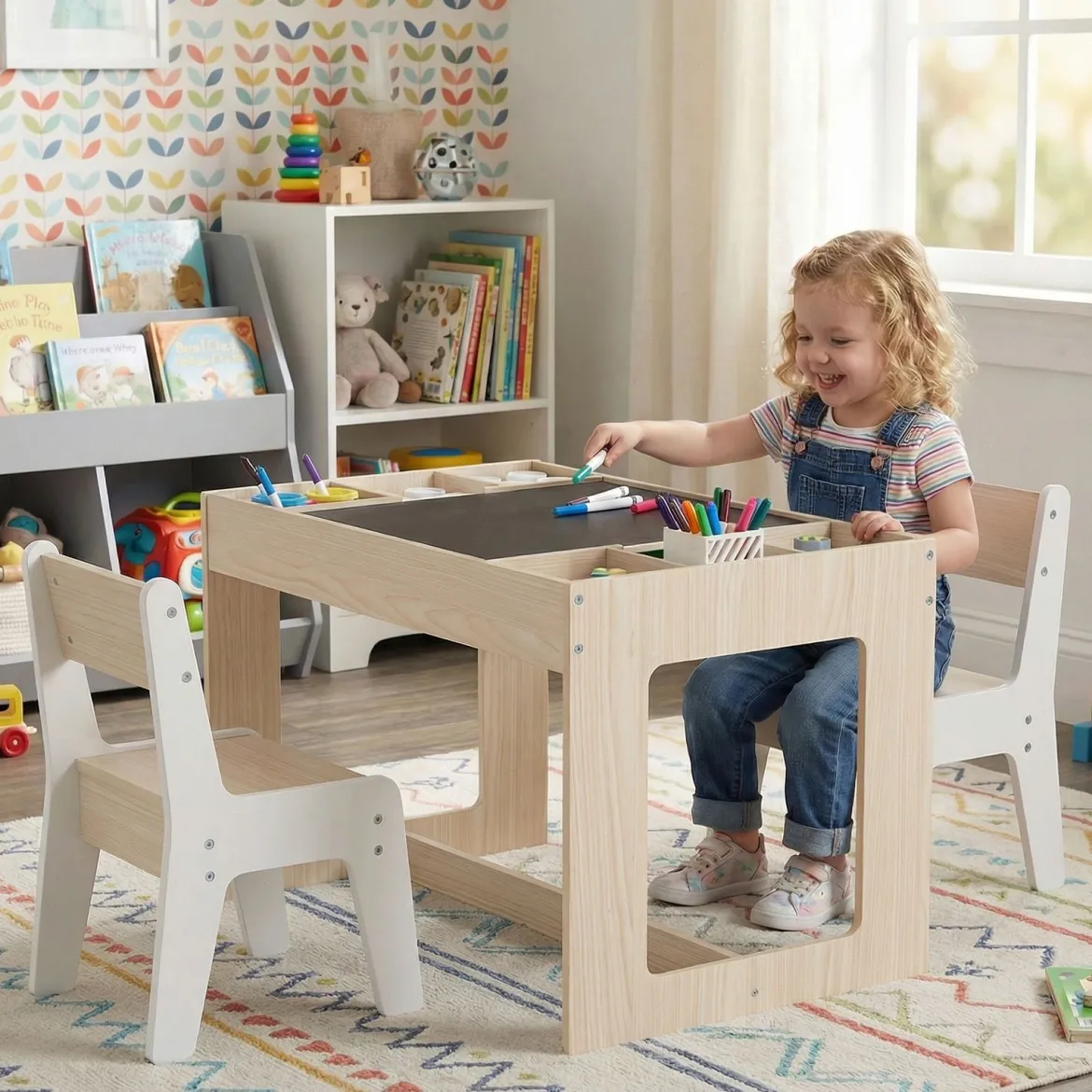 Multifunktionaler Kindertisch & 2 Stühle Set Sitzgruppe Kinder holz mit abnehmbarer doppelseitiger Tischplatte Natur