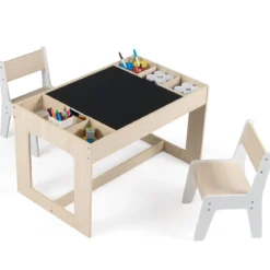 Multifunktionaler Kindertisch & 2 Stühle Set Sitzgruppe Kinder holz mit abnehmbarer doppelseitiger Tischplatte Natur