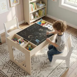 Multifunktionaler Kindertisch & 2 Stühle Set Sitzgruppe Kinder holz mit abnehmbarer doppelseitiger Tischplatte Natur