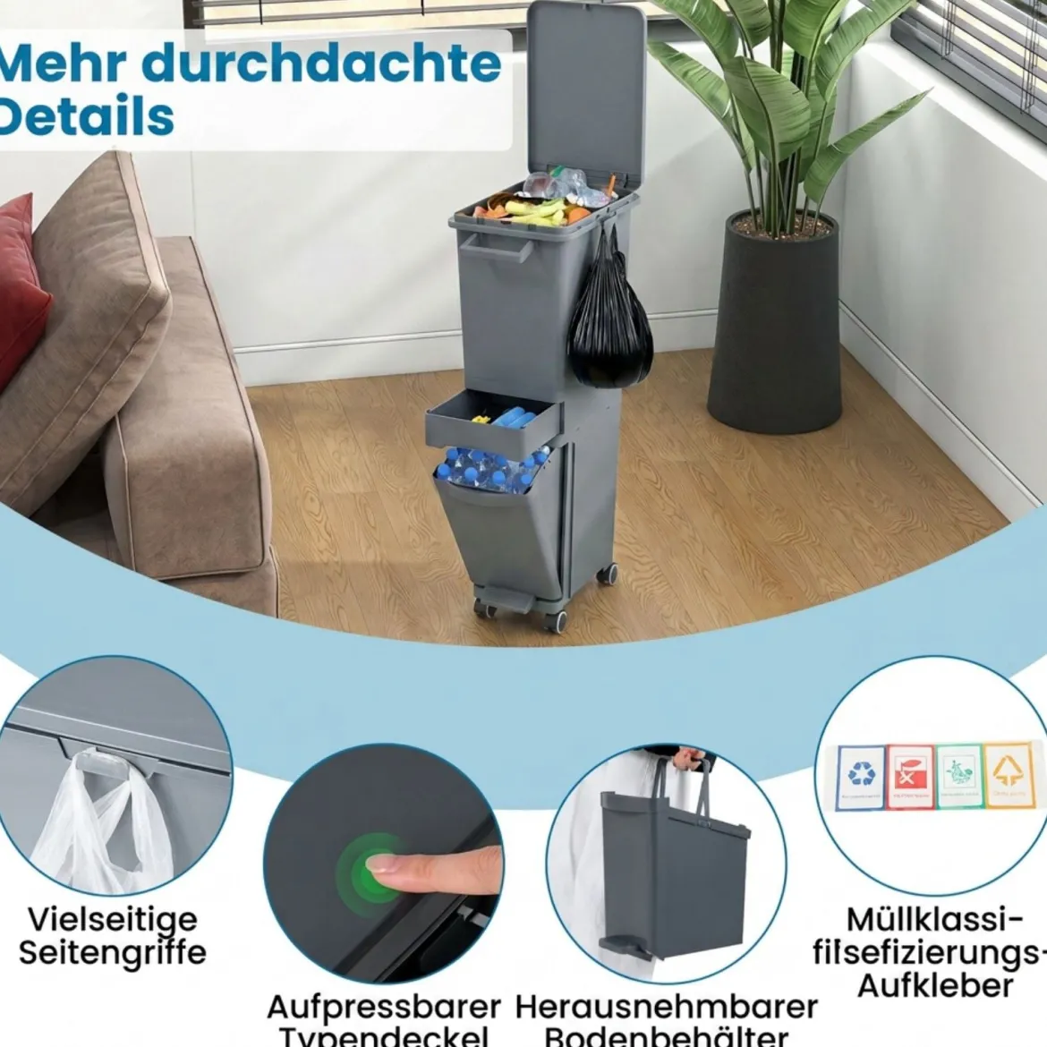 Multifunktionaler Müllbehälter Küchenabfalleimer mit kippbarem Bodeneimer Grau
