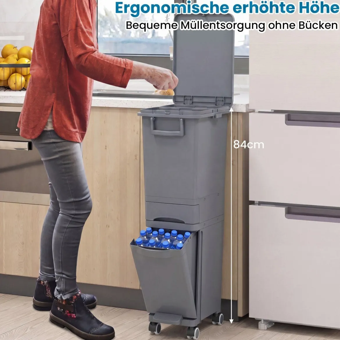 Multifunktionaler Müllbehälter Küchenabfalleimer mit kippbarem Bodeneimer Grau