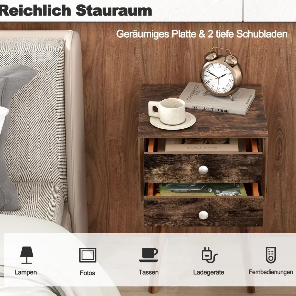 Multifunktionaler Nachtschrank mit Stauraum Nachttisch aus Holz 40 x 40 x 59,5 cm Braun