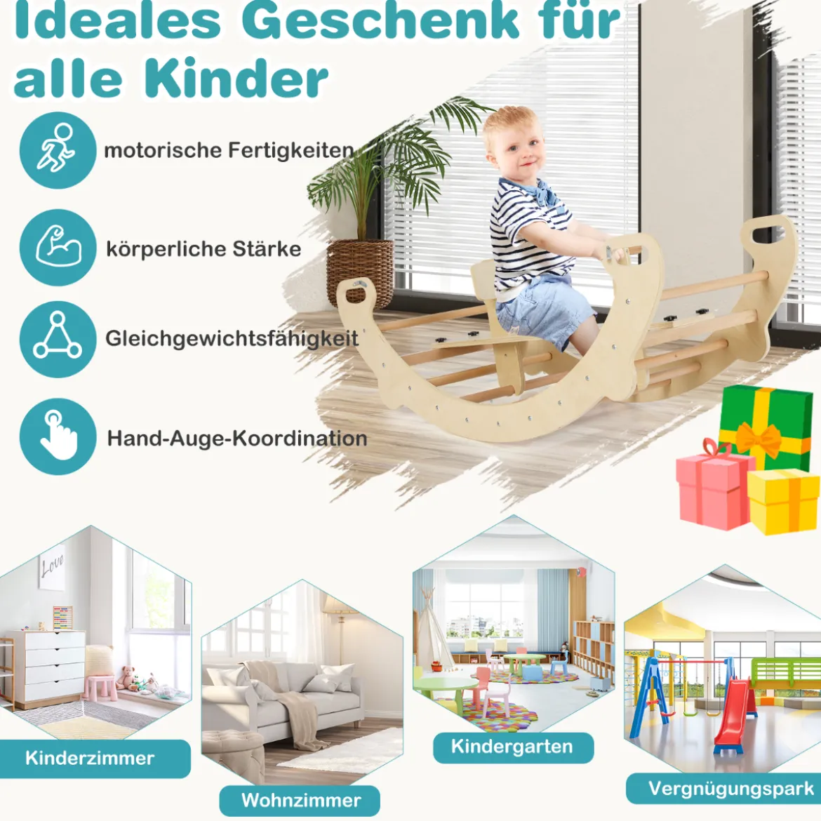 Multifunktionaler Schaukelbogen 4-in-1-Kletterspielzeug aus Holz Montessori-Spielset mit Kletterbogen Natur