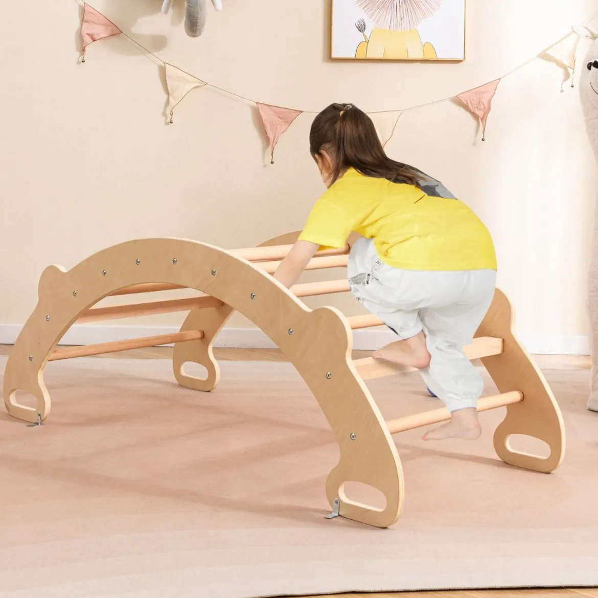 Multifunktionaler Schaukelbogen 4-in-1-Kletterspielzeug aus Holz Montessori-Spielset mit Kletterbogen Natur