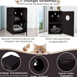 Multifunktionale 2-stöckiges Katzenklo Gehäuse mit Kippschutz und Tür Braun