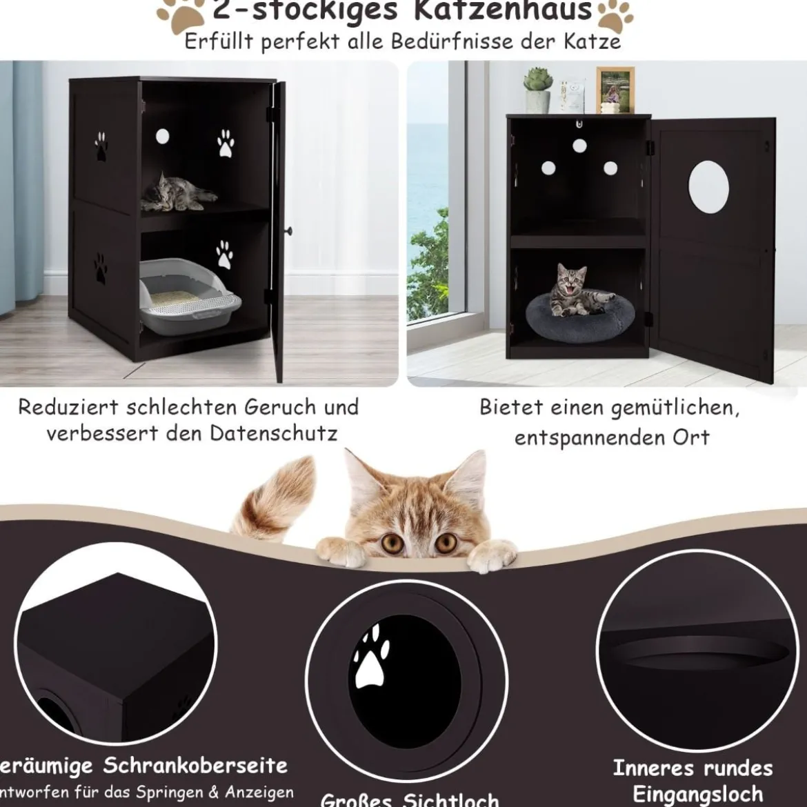 Multifunktionale 2-stöckiges Katzenklo Gehäuse mit Kippschutz und Tür Braun