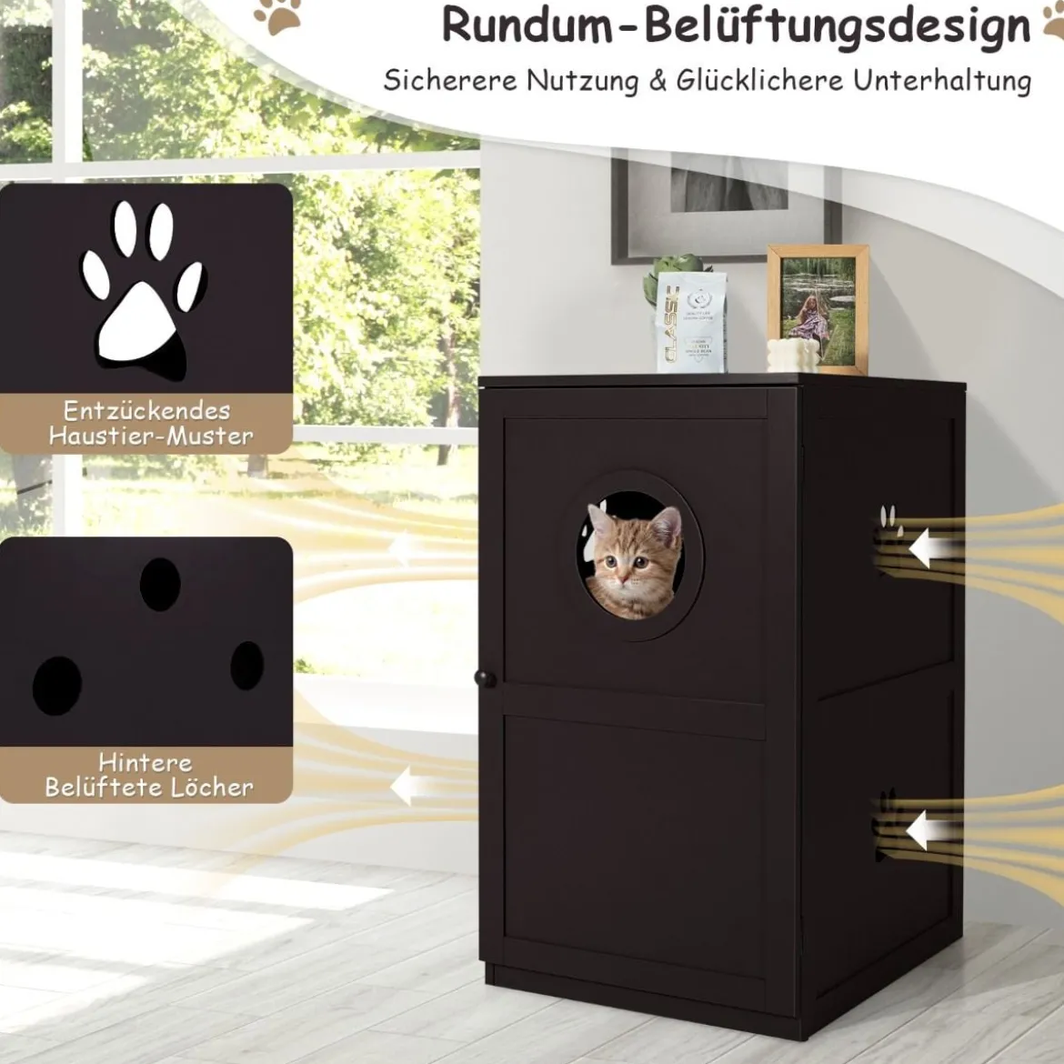 Multifunktionale 2-stöckiges Katzenklo Gehäuse mit Kippschutz und Tür Braun