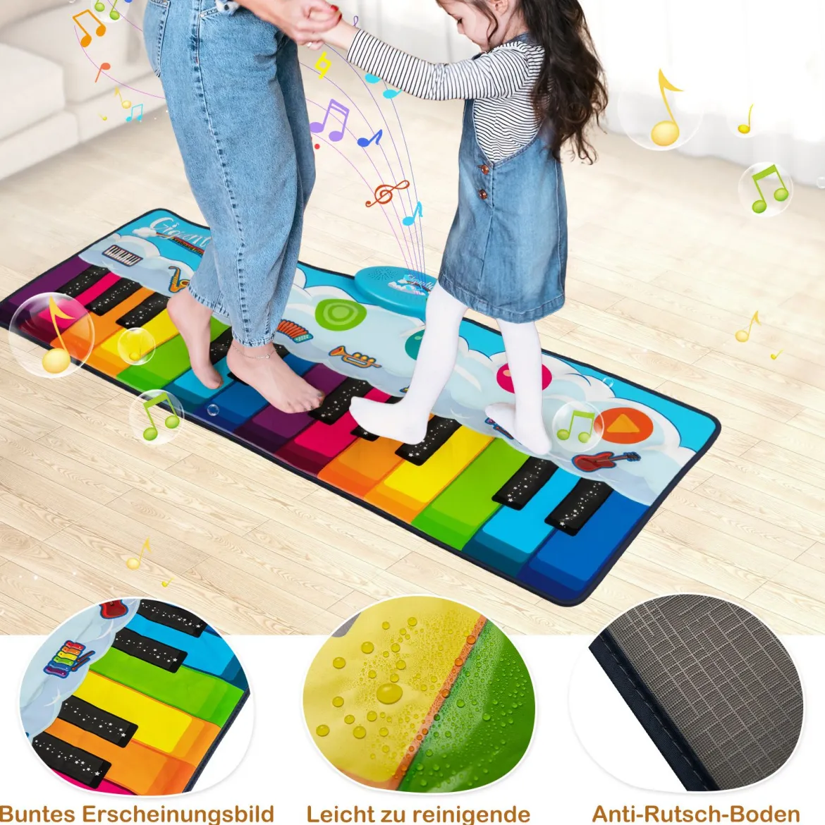 Musikmatte Kinder Klaviermatte mit 8 Musikinstrumente Keyboard Tanzmatte mit Aufnahme & Wiedergabefunktion Spielzeug 120 x 47 cm
