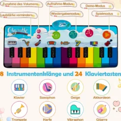 Musikmatte Kinder Klaviermatte mit 8 Musikinstrumente Keyboard Tanzmatte mit Aufnahme & Wiedergabefunktion Spielzeug 120 x 47 cm