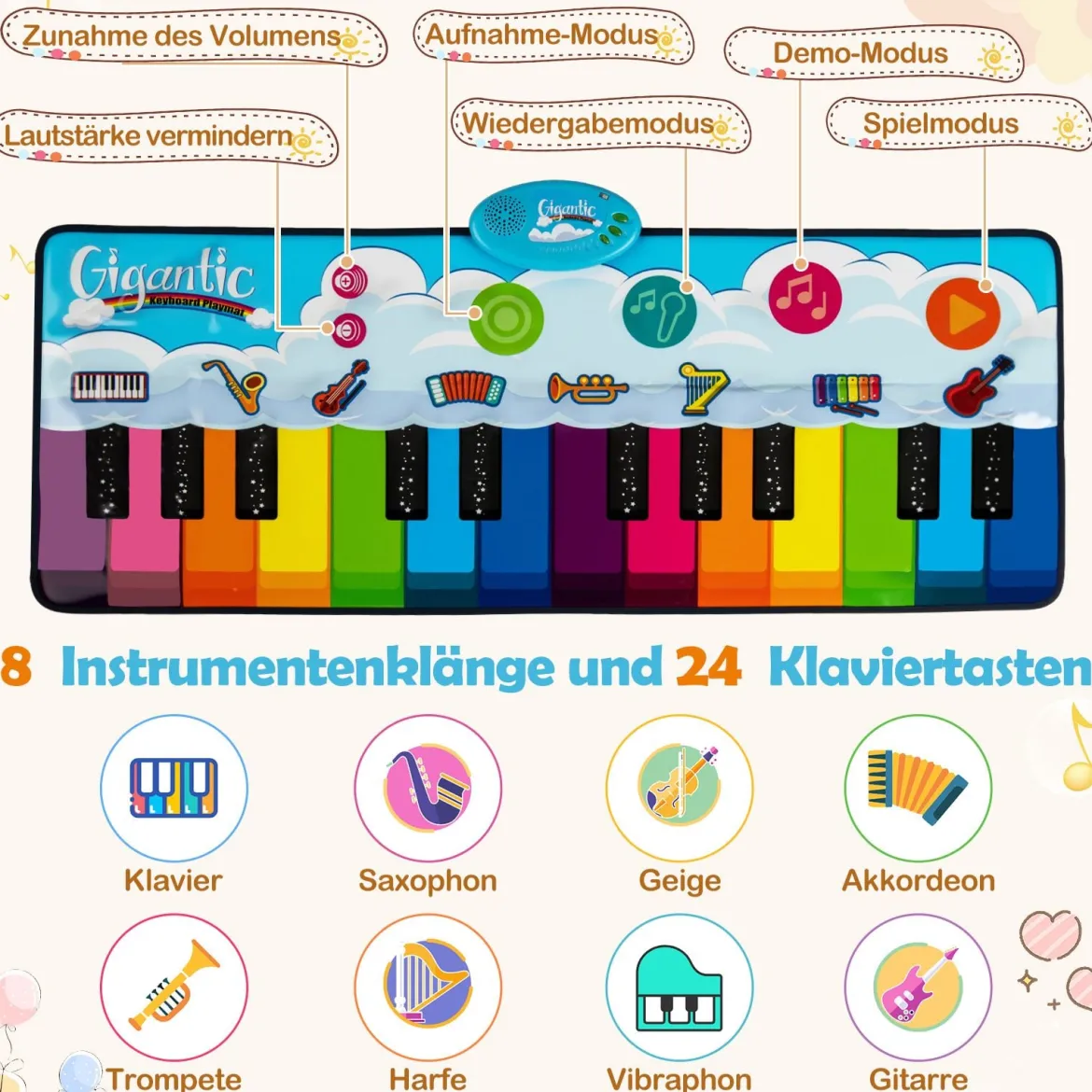 Musikmatte Kinder Klaviermatte mit 8 Musikinstrumente Keyboard Tanzmatte mit Aufnahme & Wiedergabefunktion Spielzeug 120 x 47 cm