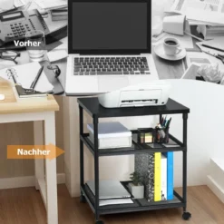 Mutifunktionaler 3-stöckiger Druckerständer mit 360° Drehbare & Feststellbare Räder Schwarz