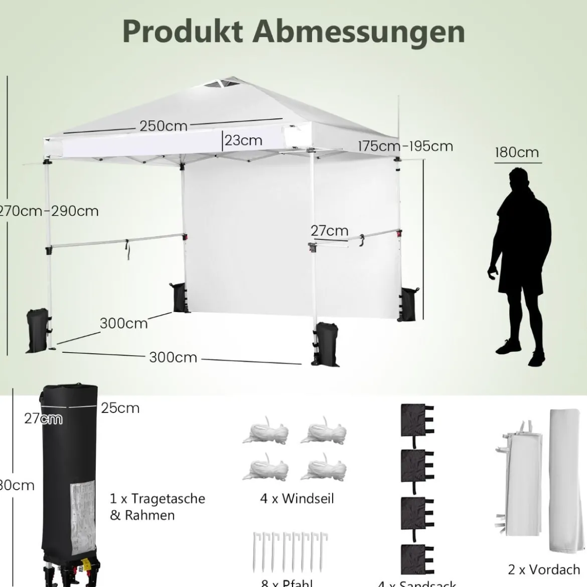 3 m x 3 m Großes Aufklappbares Vordach mit Seitenwand Weiß