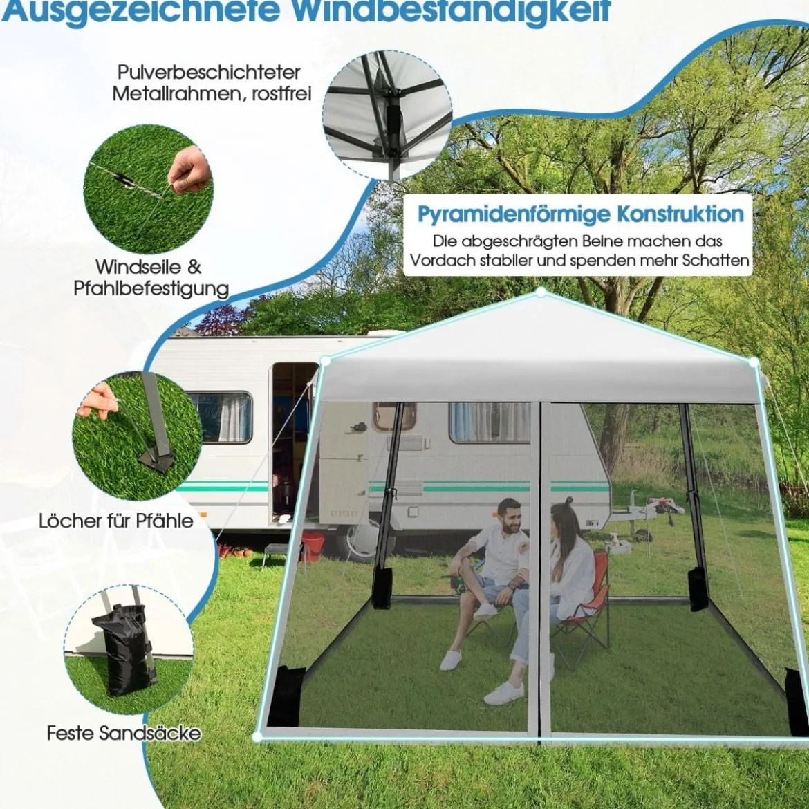 3 m x 3 m Großes Überdachungszelt Partyzelt mit Schrägen Beinen Grau
