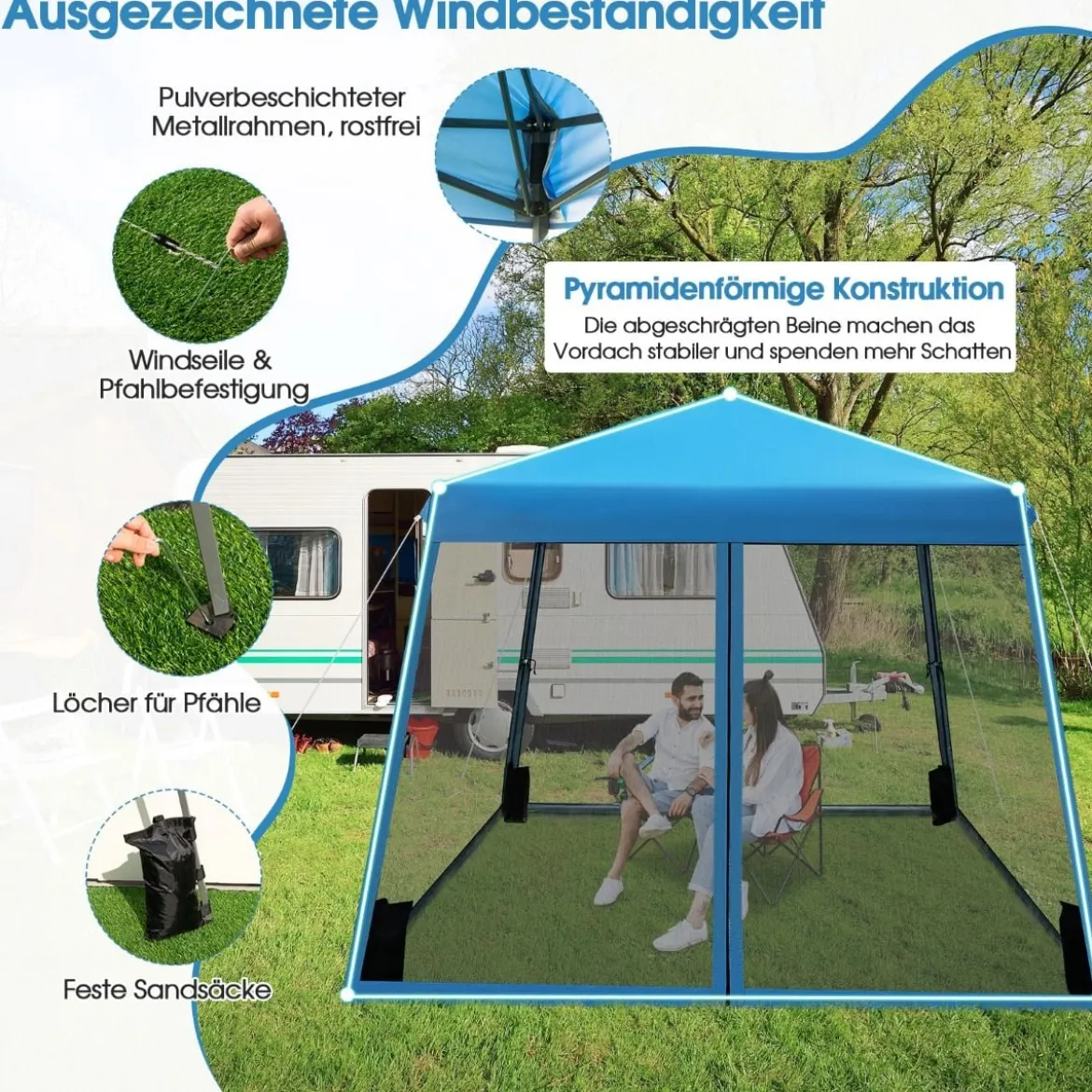 3 m x 3 m Großes Überdachungszelt Partyzelt mit Schrägen Beinen Blau