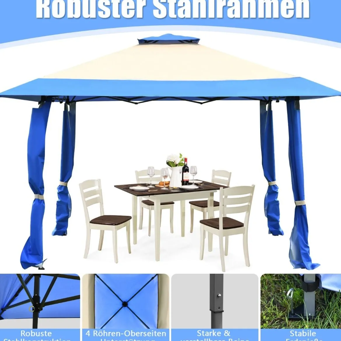 4 m x 4 m Großes Eventzelt Schattenspender mit 2-Stöckigem Dach Blau