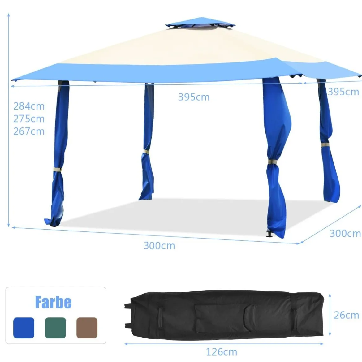 4 m x 4 m Großes Eventzelt Schattenspender mit 2-Stöckigem Dach Blau