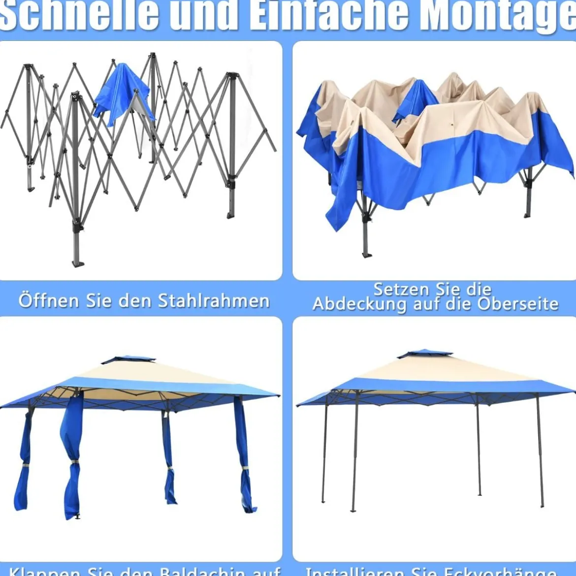 4 m x 4 m Großes Eventzelt Schattenspender mit 2-Stöckigem Dach Blau