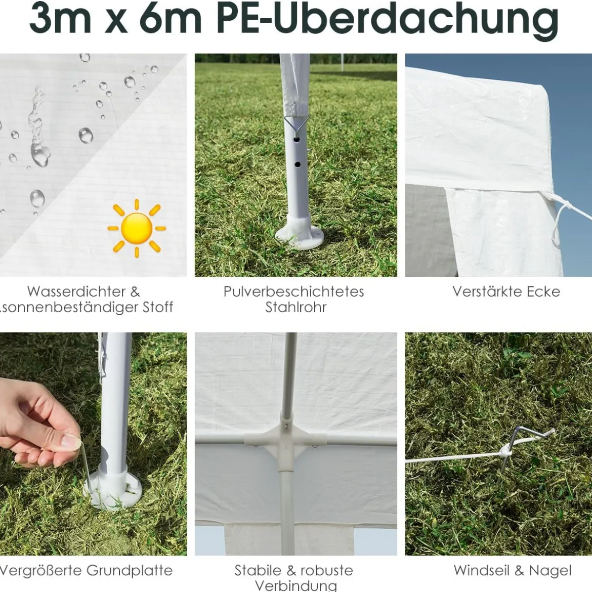 3 m x 6 m Partyzelt Wasserdichtes Strandzelt mit Seilen Weiß