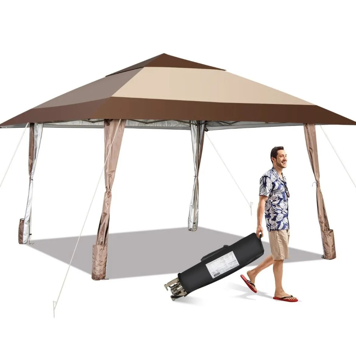 4 m x 4 m Terrassen-Pavillon Überdachungszelt mit Rädern Beige
