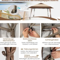 4 m x 4 m Terrassen-Pavillon Überdachungszelt mit Rädern Beige