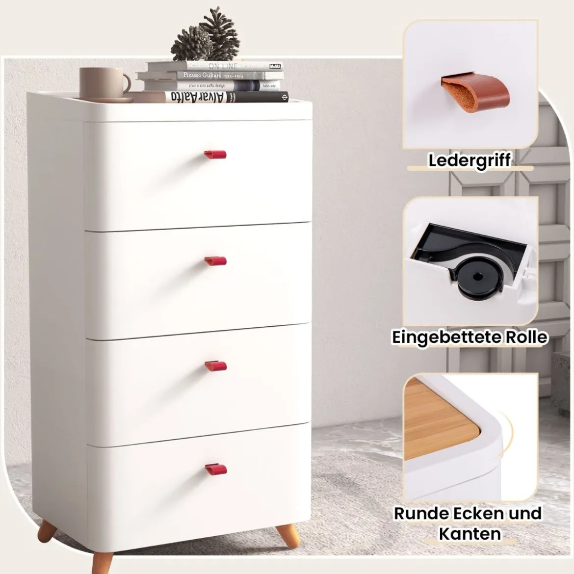 Nachtschrank mit 4 Schubladen Nachttisch Kommode mit abnehmbarem Organizer-Tablett Weiß 42 x 32 x 81,5 cm