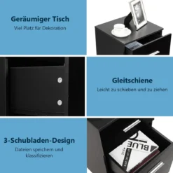 Nachttisch Aktenschrank mit 3 Schubladen Schubladencontainer Schwarz