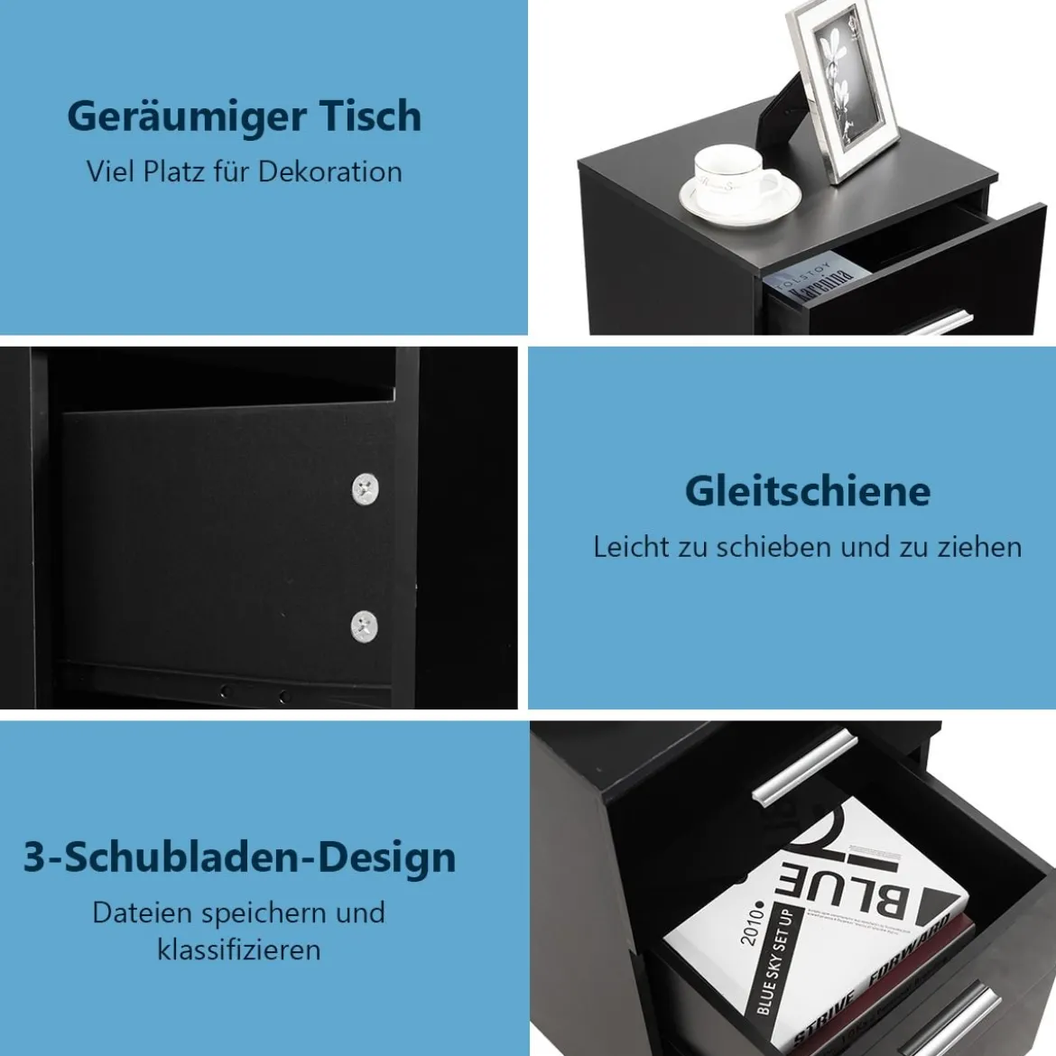 Nachttisch Aktenschrank mit 3 Schubladen Schubladencontainer Schwarz