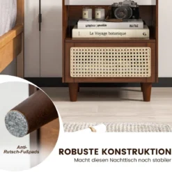 Nachttisch aus Bambus & Rattan mit Schublade und Beinen aus Massivholz Beistelltisch mit verstecktem Stauraum Braun