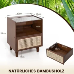 Nachttisch aus Bambus & Rattan mit Schublade und Beinen aus Massivholz Beistelltisch mit verstecktem Stauraum Braun