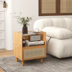 Nachttisch aus Bambus & Rattan mit Schublade Beistelltisch mit Verstecktem Stauraum Natur
