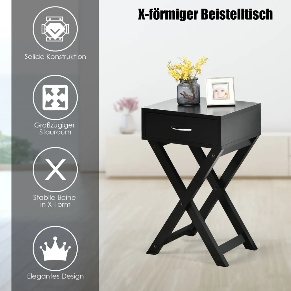 Nachttisch aus Holz Beistelltisch mit Schublade Nachtschrank Nachtkonsole Nachtkommode Schwarz