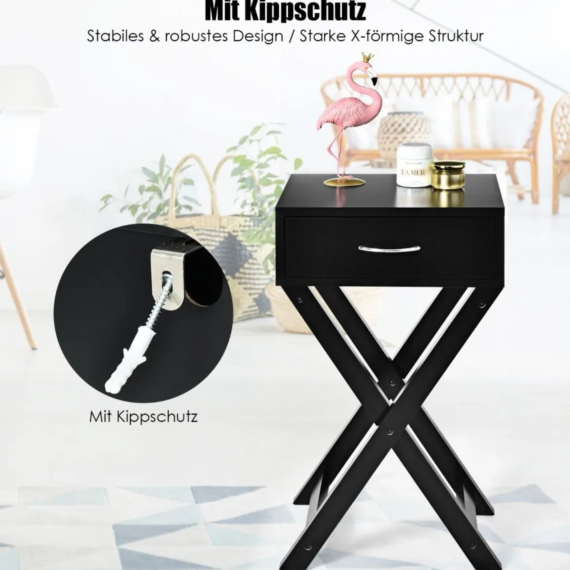 Nachttisch aus Holz Beistelltisch mit Schublade Nachtschrank Nachtkonsole Nachtkommode Schwarz