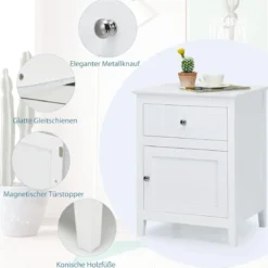Nachttisch aus Kiefernholz mit Schublade & Tür & Geräumiger Tischplatte Nachtschrank Weiß