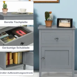 Nachttisch aus Kiefernholz mit Schublade und Tür 2-stufiger Akzenttisch Beistelltisch Hellgrau