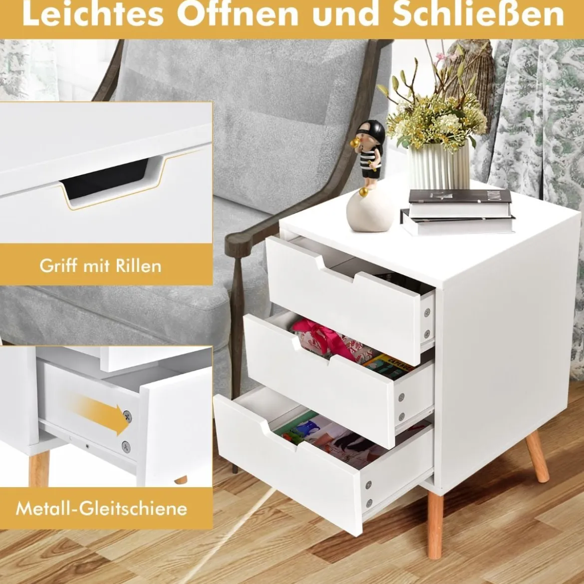 Nachttisch aus Massivem Holz mit 3 Schubladen Modern 40 x 40 x 60 cm Weiß