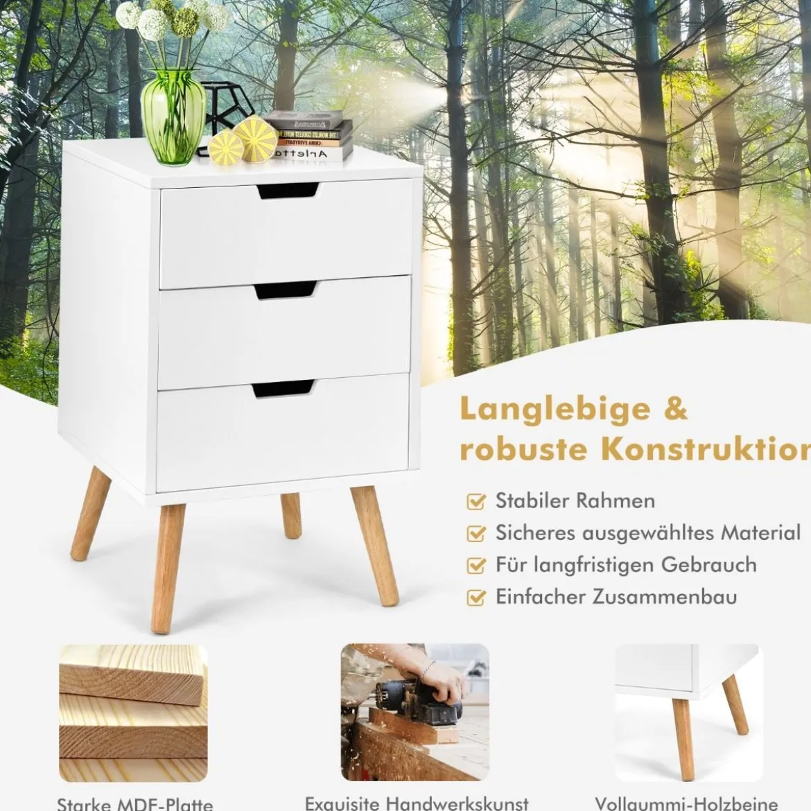 Nachttisch aus Massivem Holz mit 3 Schubladen Modern 40 x 40 x 60 cm Weiß