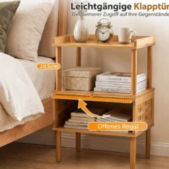 Nachttisch Bambus mit Offenem Regal & Klapptür mit Magnetverschluss 41 x 31 x 59 cm Natur