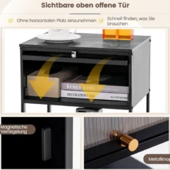 Nachttisch Beistelltisch Holz Nachtschrank mit Metallrahmen & Ablage & durchsichtiger Tür 40 x 32 x 56 cm Schwarz