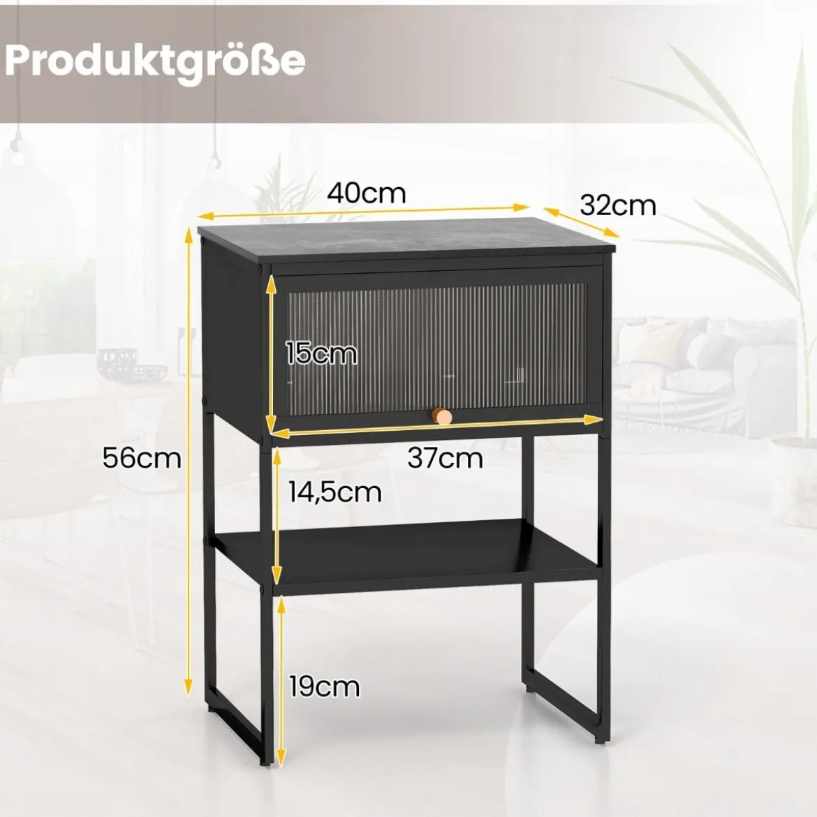 Nachttisch Beistelltisch Holz Nachtschrank mit Metallrahmen & Ablage & durchsichtiger Tür 40 x 32 x 56 cm Schwarz
