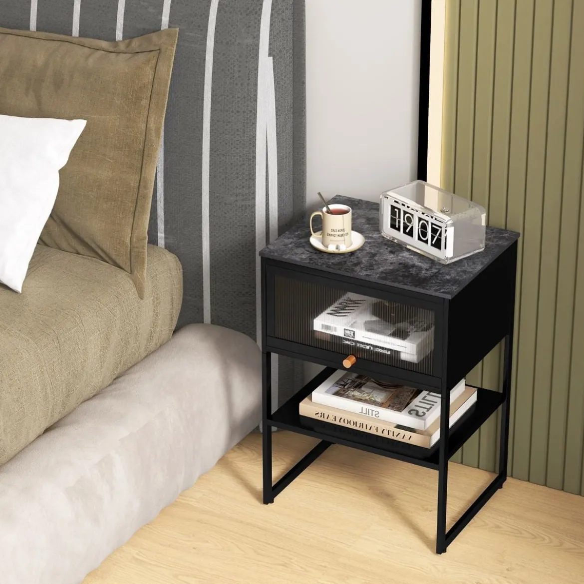 Nachttisch Beistelltisch Holz Nachtschrank mit Metallrahmen & Ablage & durchsichtiger Tür 40 x 32 x 56 cm Schwarz