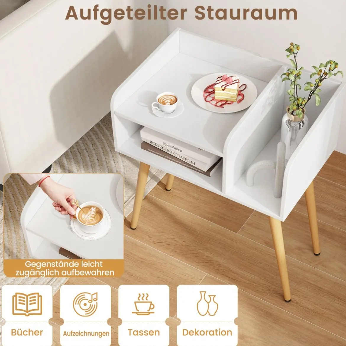 Nachttisch Beistelltisch mit offenem Fach Sofatisch mit Metallstützbeinen 50 x 32 x 58 cm