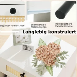 Nachttisch Boho-Stil mit Rattan-Schublade 4 stabile Beine 2 Kippsicherungen 40x30x52cm weiß