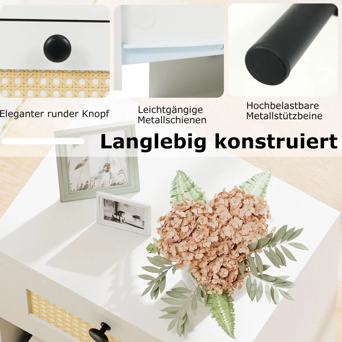 Nachttisch Boho-Stil mit Rattan-Schublade 4 stabile Beine 2 Kippsicherungen 40x30x52cm weiß